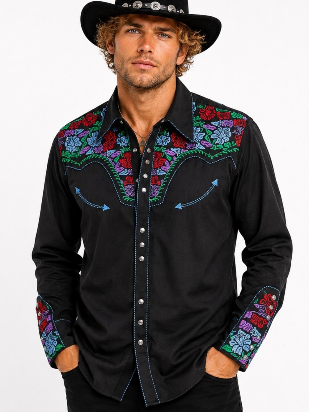 Scully Gunfighter Men's Floral Embroidered Western Pearl Snap Shirt Black L EUC